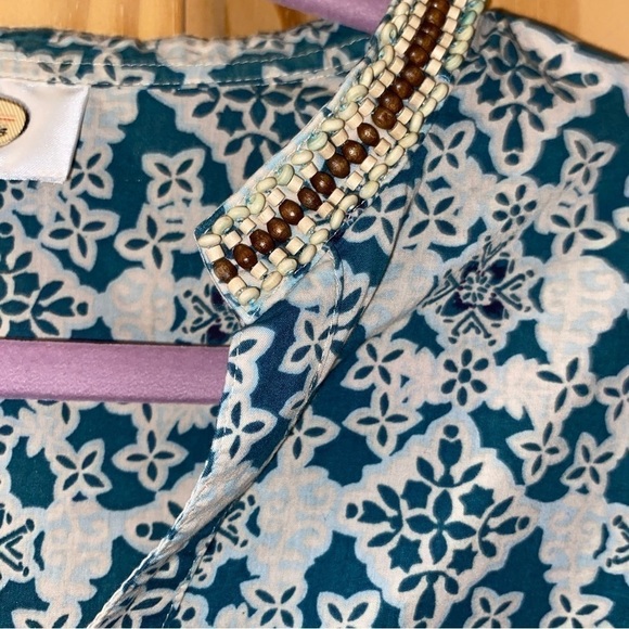 Talbots Bohemian Medallion Print Blouse Large Wood Beaded Collar - Picture 5 of 11